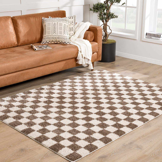 Canika Brown Washable Checkered Area Rug