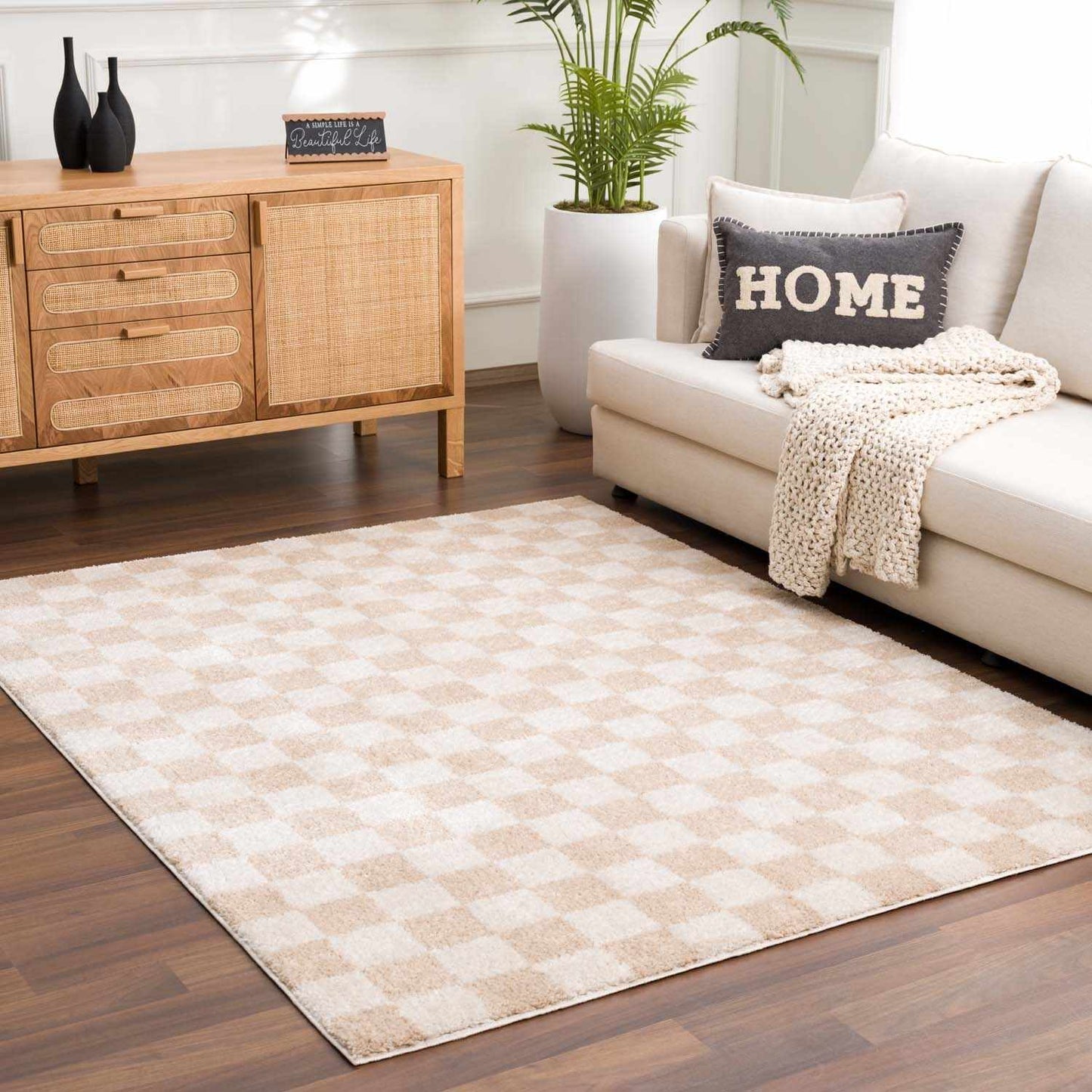 Canika Beige Washable Checkered Area Rug