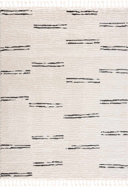 Riad Black Striped White Area Rug with tassels