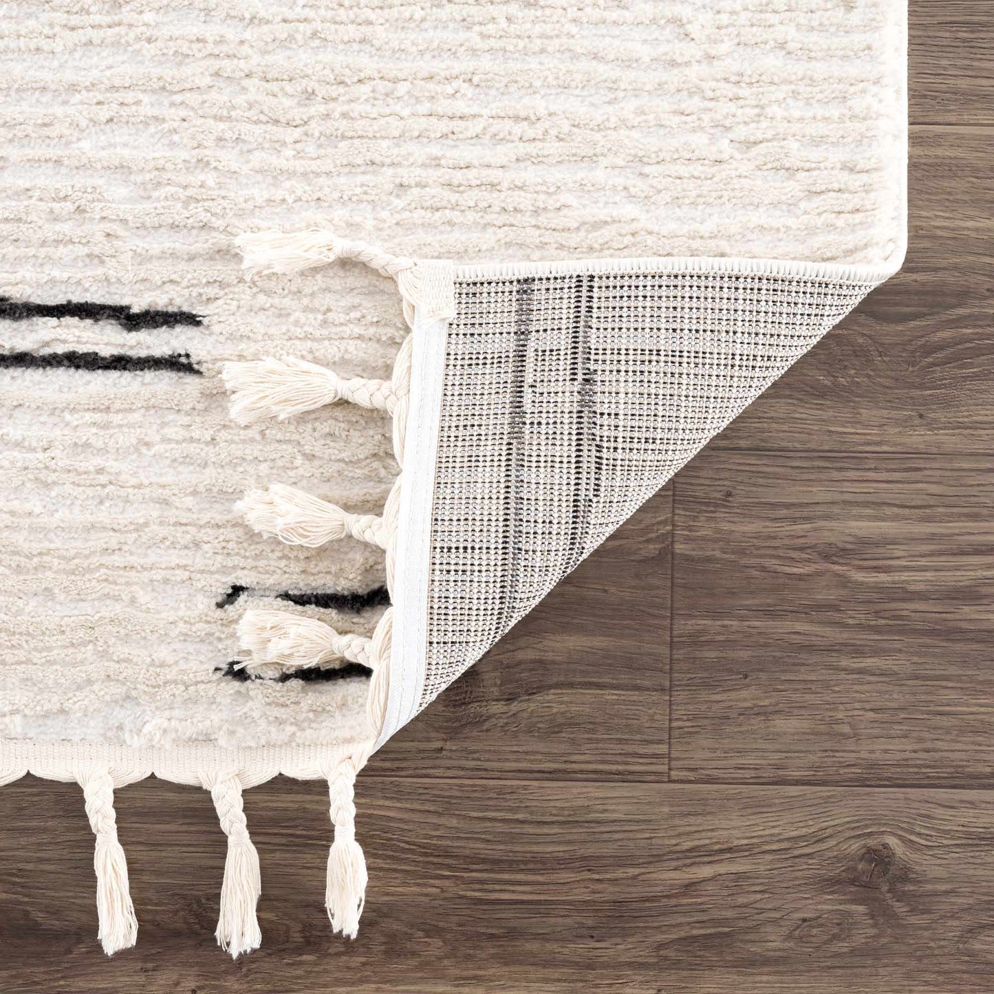 Riad Black Striped White Area Rug with tassels