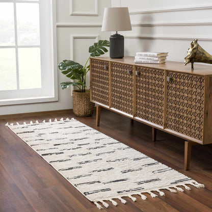 Riad Black Striped White Area Rug with tassels