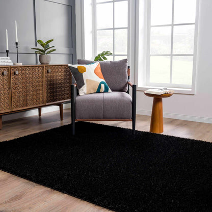 Faina Solid Black Shag Rug Washable