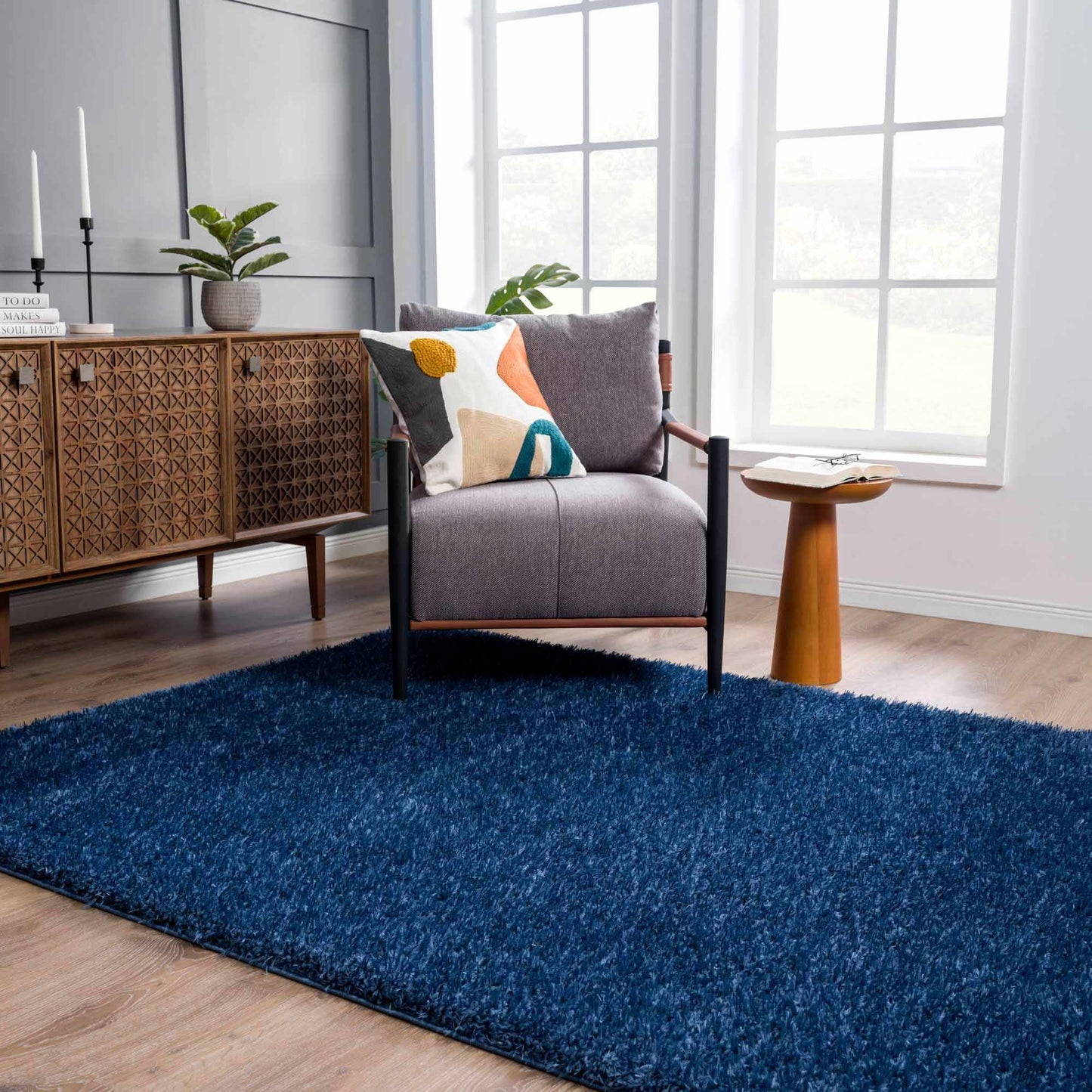 Faina Solid Dark Blue Shag Rug Washable