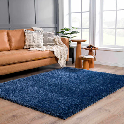 Faina Solid Dark Blue Shag Rug Washable