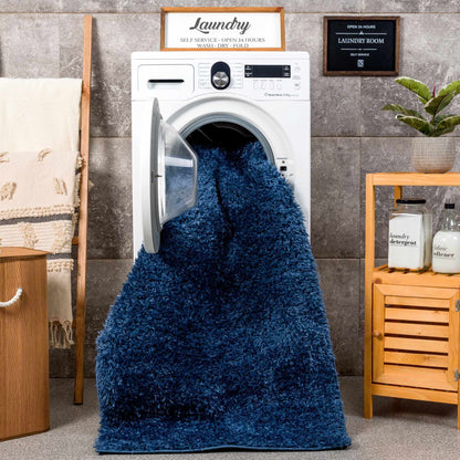 Faina Solid Dark Blue Shag Rug Washable