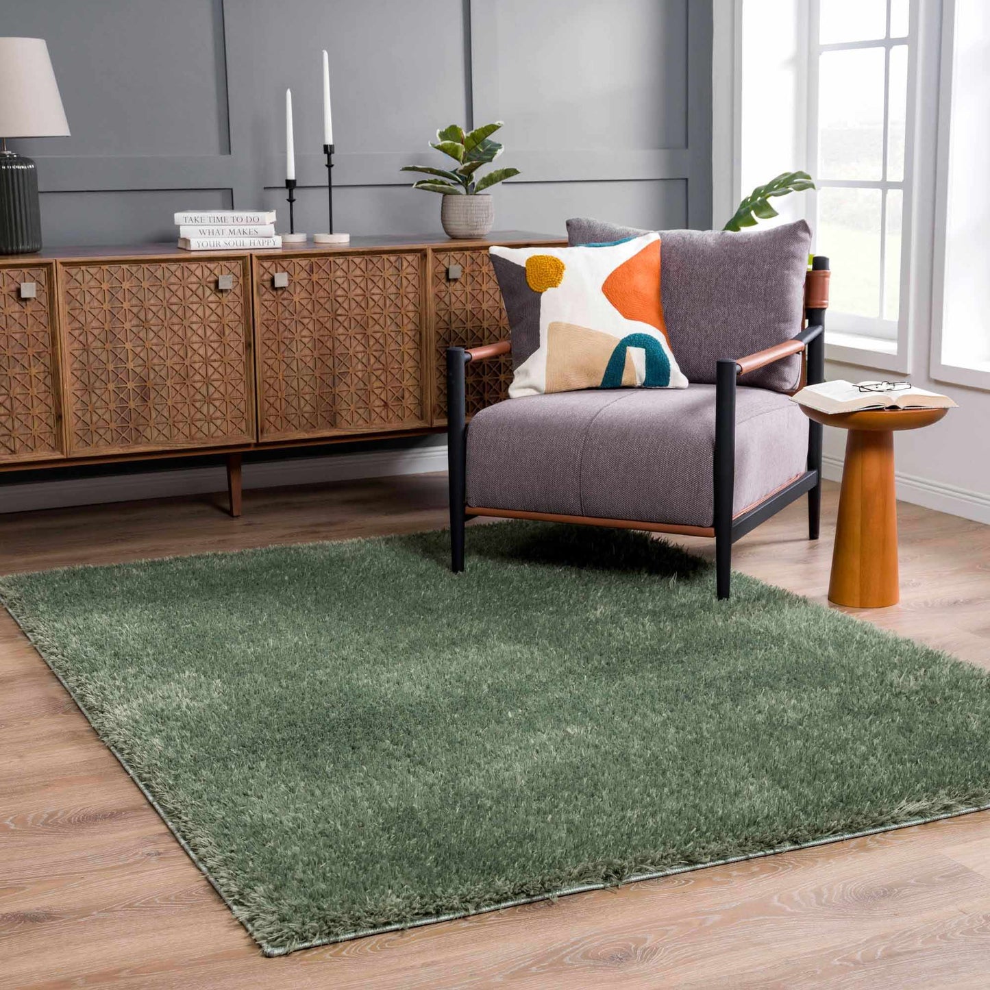 Faina Solid Green Shag Rug Washable