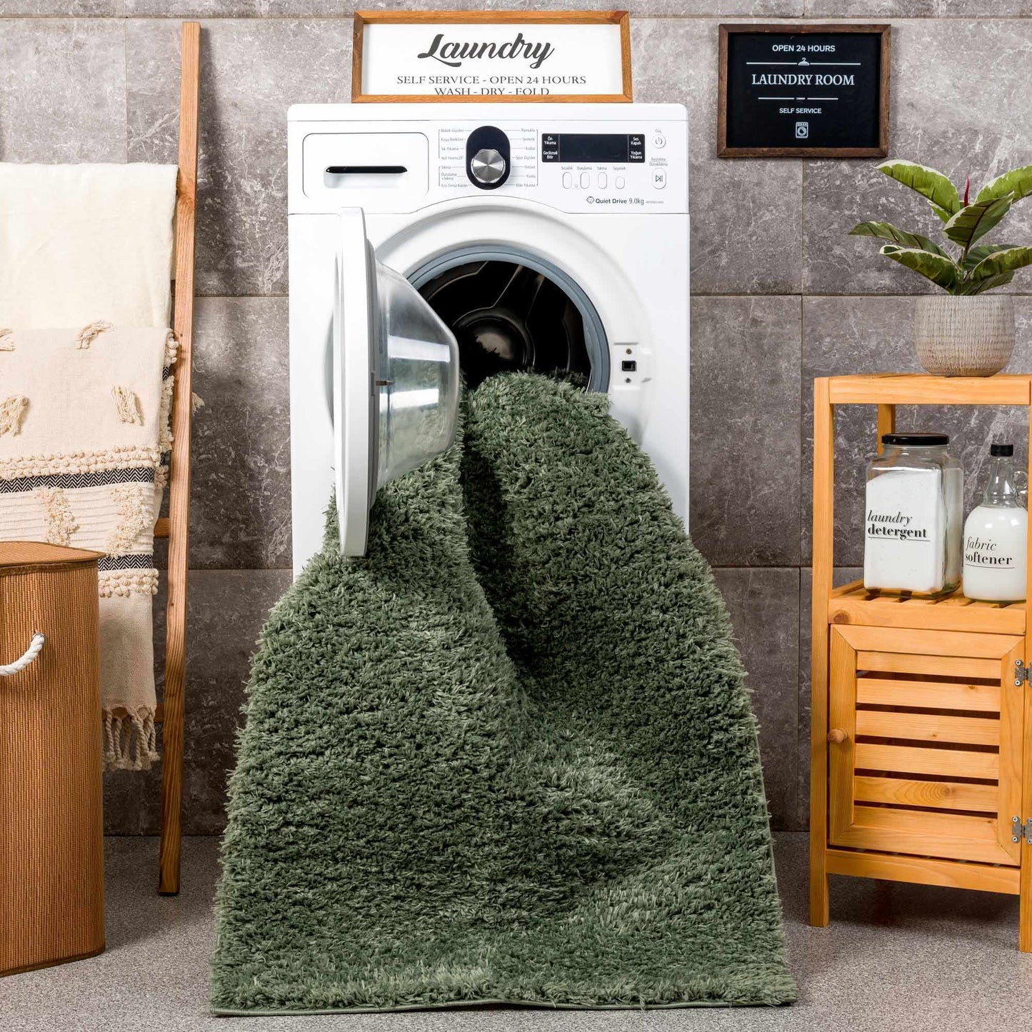 Faina Solid Green Shag Rug Washable