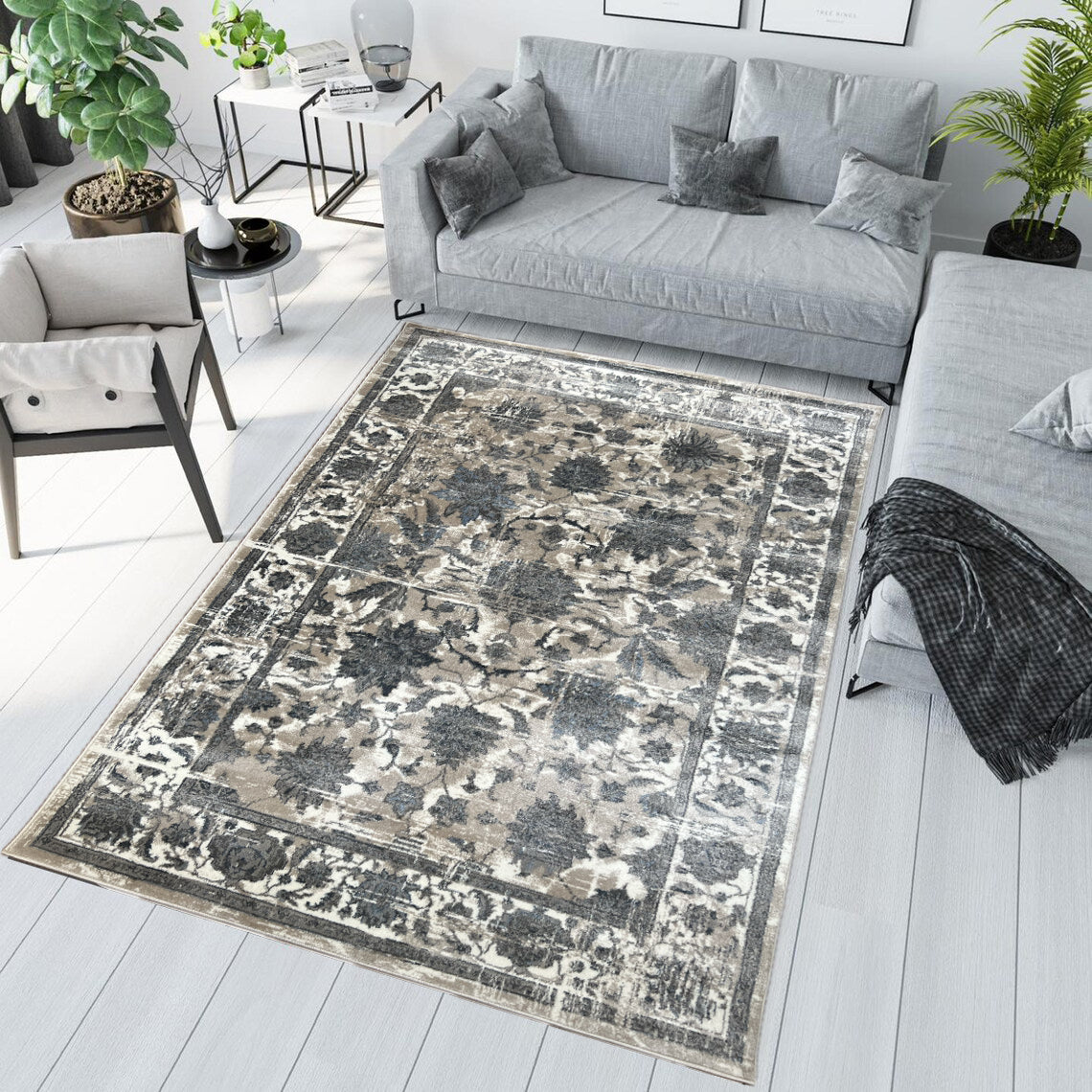 ROY's Home One Level Area Rugs, Classic Pattern - Shiny Ivory,Grey,Beige,Navy Yarn