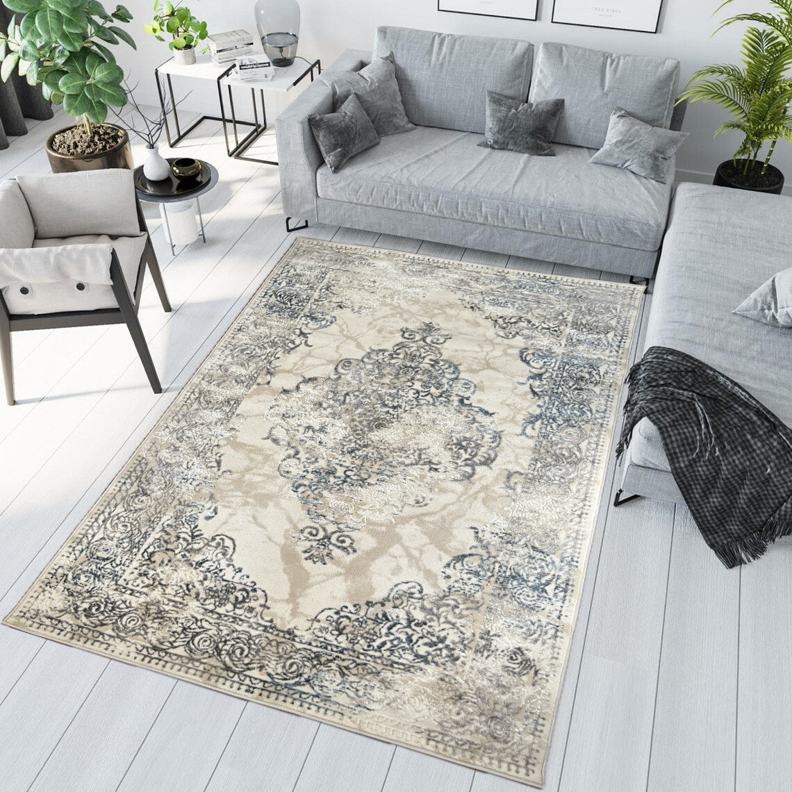 ROY's Home Two Level Design Area Rugs, Classic Pattern - Shiny Ivory,Grey,Beige Yarn