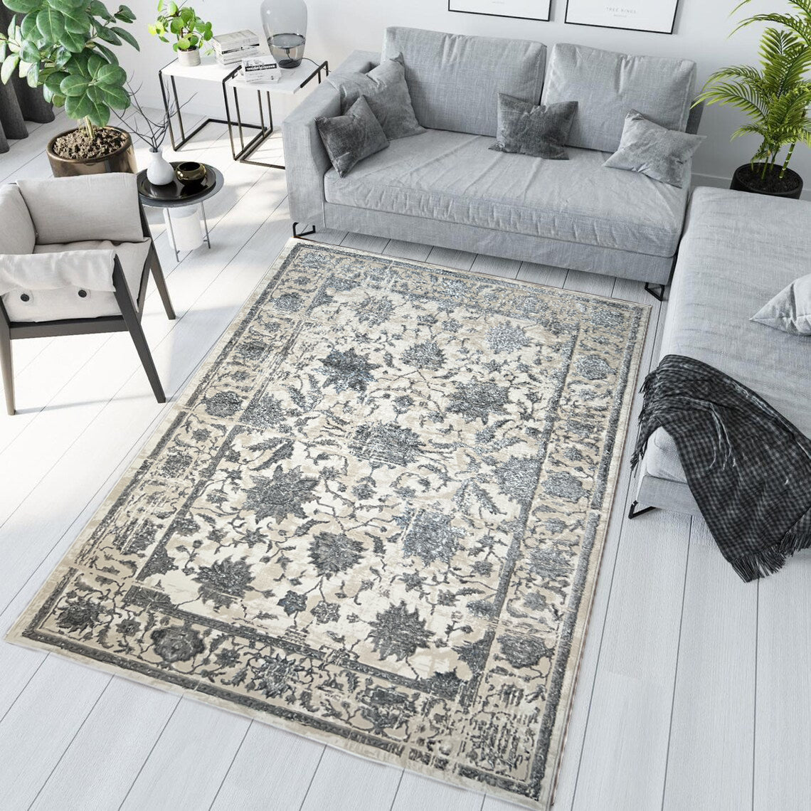 ROY's Home Two Level Design Area Rugs, Classic Pattern - Shiny Ivory,Grey,Beige Yarn