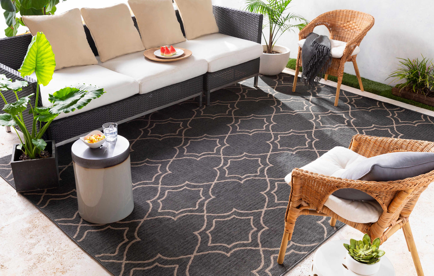 Unique Black Lattice Trellis Outdoor Rug